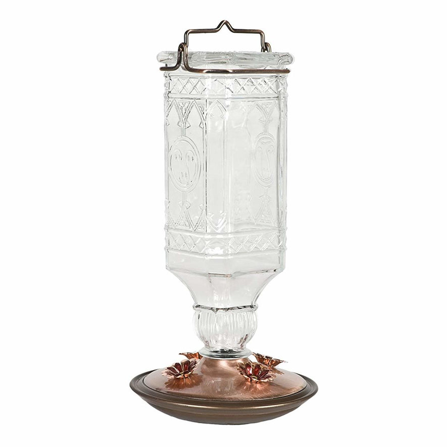 Glass Antique Bottle Hummingbird Feeder, Clear