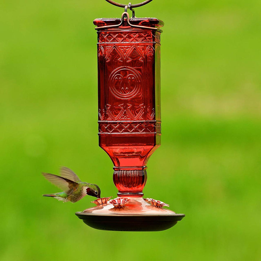 Red Square Antique Bottle Glass Hummingbird Feeder