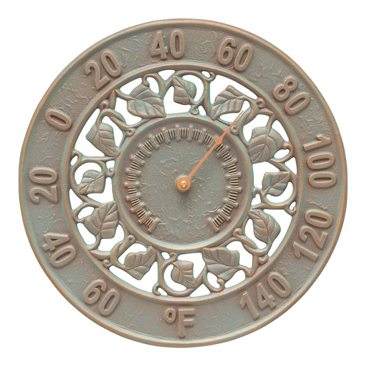 12-Inch Copper Verdigris Ivy Outdoor Wall Thermometer