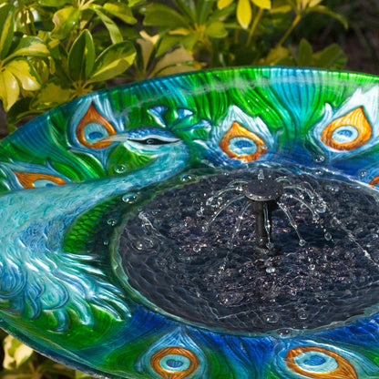 Peacock Glass Solar Birdbath