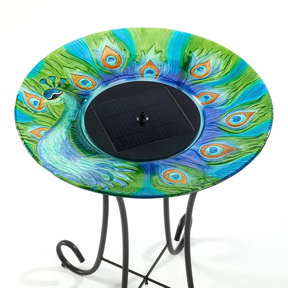 Peacock Glass Solar Birdbath