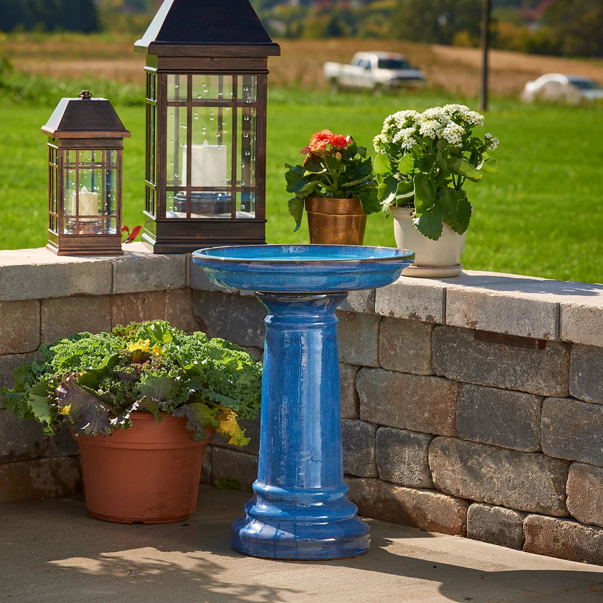 Vibrant Blue Ceramic Birdbath