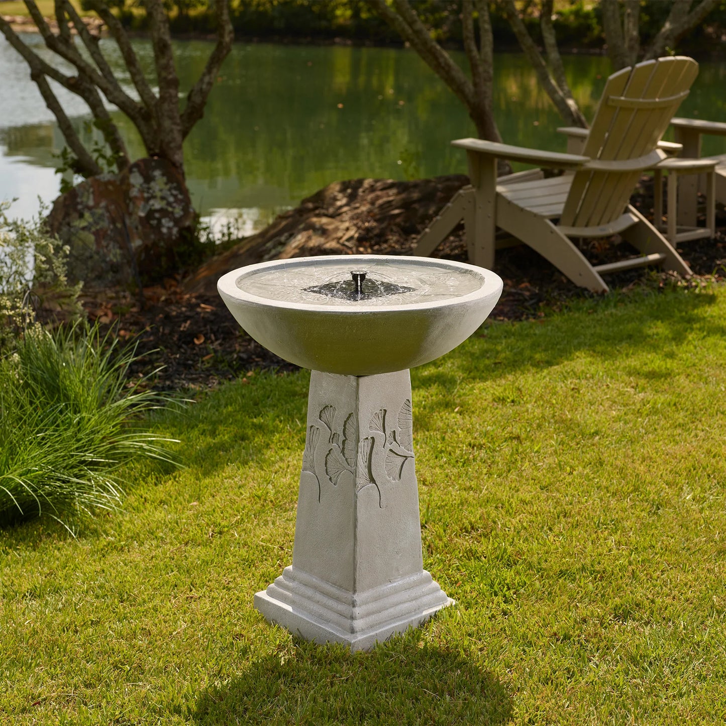 Weathered Ginkgo Solar Birdbath