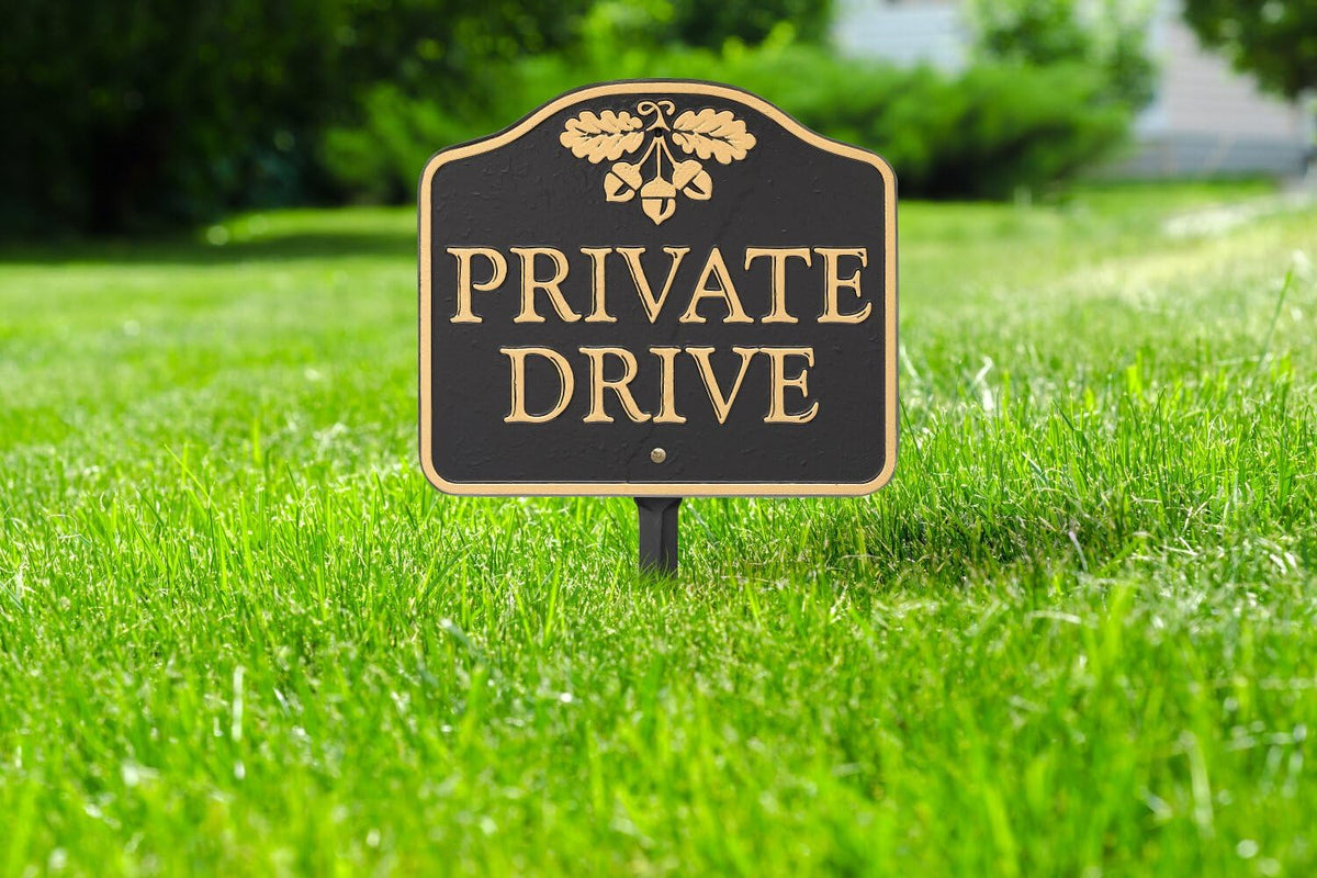 Black & Gold Acorn Private Drive Aluminum Sign – Wall or Lawn Mount