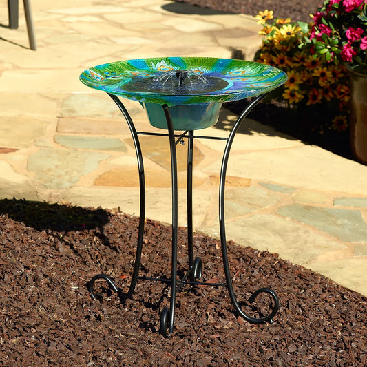 Peacock Glass Solar Birdbath