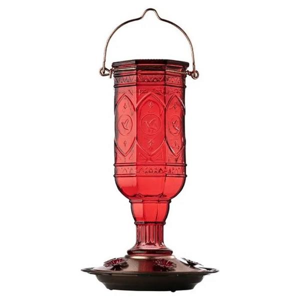 Vintage Red Glass Hummingbird Feeder with Copper Accents – 20 oz