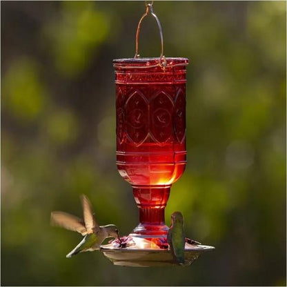 Vintage Red Glass Hummingbird Feeder with Copper Accents – 20 oz