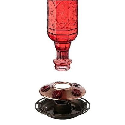 Vintage Red Glass Hummingbird Feeder with Copper Accents – 20 oz