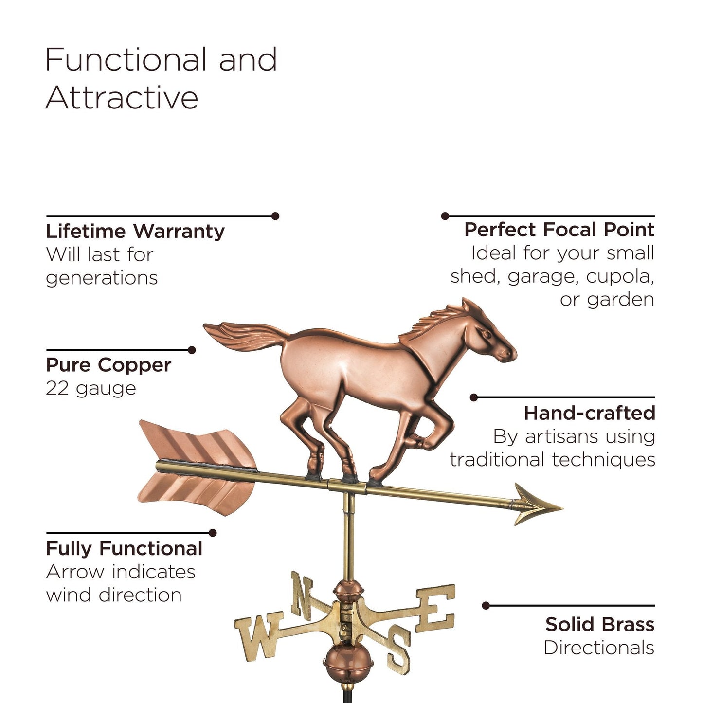 Horse Cottage Weathervane, Polished Copper