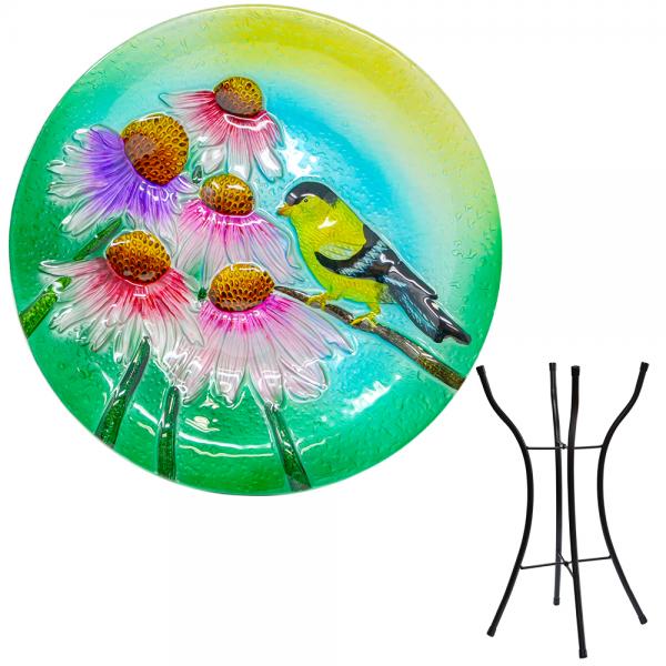 Goldfinch Glow Glass Bird Bath