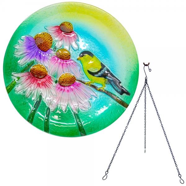 Goldfinch Glow Glass Bird Bath
