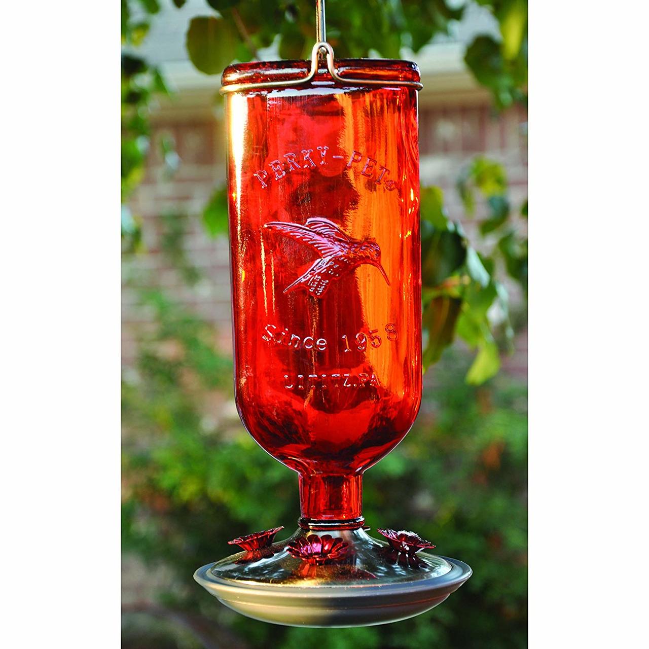 Antique Glass Bottle Hummingbird Feeder-16-Ounce Capacity, Red