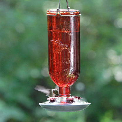 Antique Glass Bottle Hummingbird Feeder-16-Ounce Capacity, Red