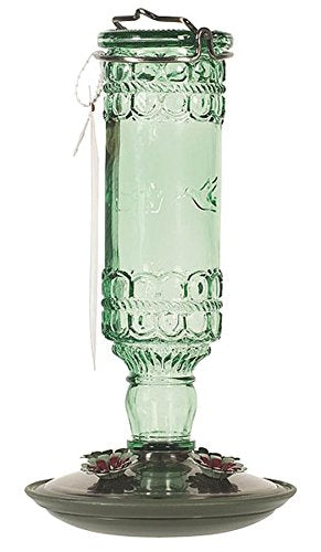 Green Antique Bottle 10-Ounce Glass Hummingbird Feeder