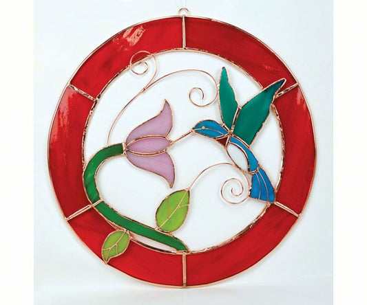 Large Hummingbird Red Frame Circle Window Panel