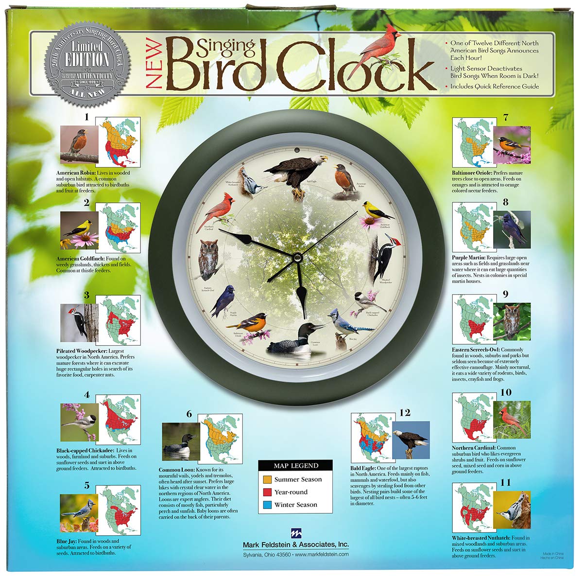 Limited Edition 20th Anniversary Singing Bird Clock, 13 Inch